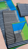 White and Black Striped Blue Green Handloom Pure Maheshwari Silk Saree