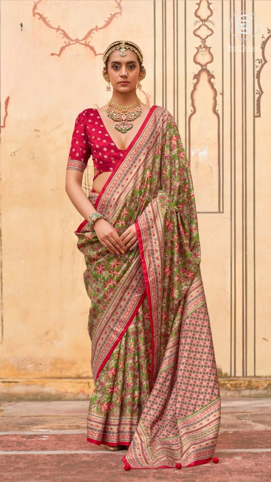 Green & Red Floral Festive Crepe Banarasi Saree