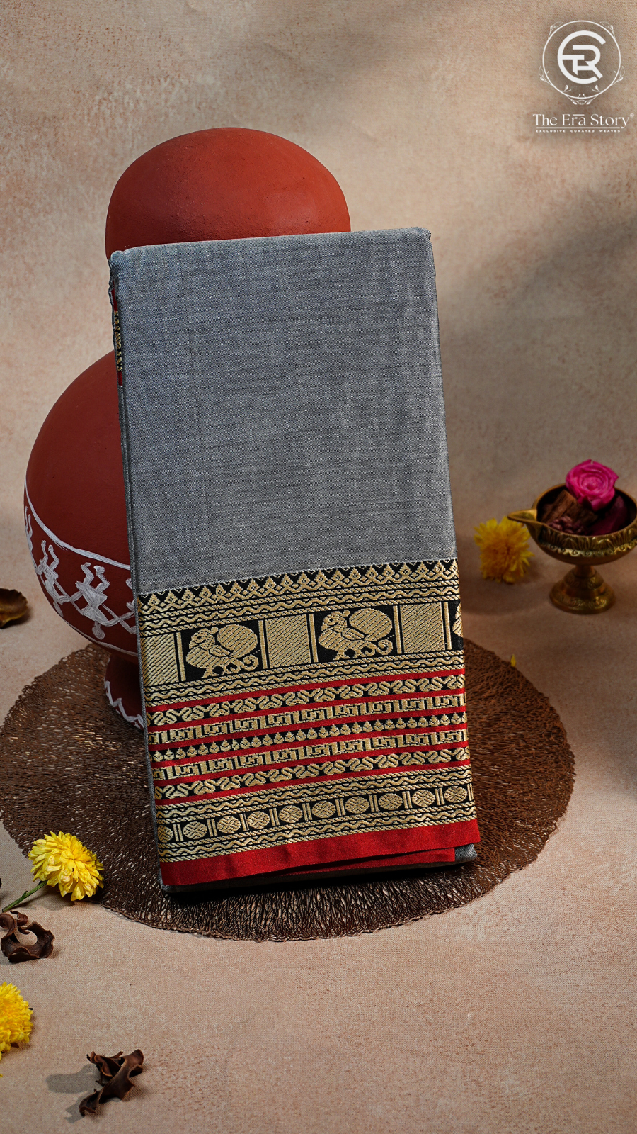 Grey & Red Elephant Peacock Handloom Narayanpet Cotton Saree