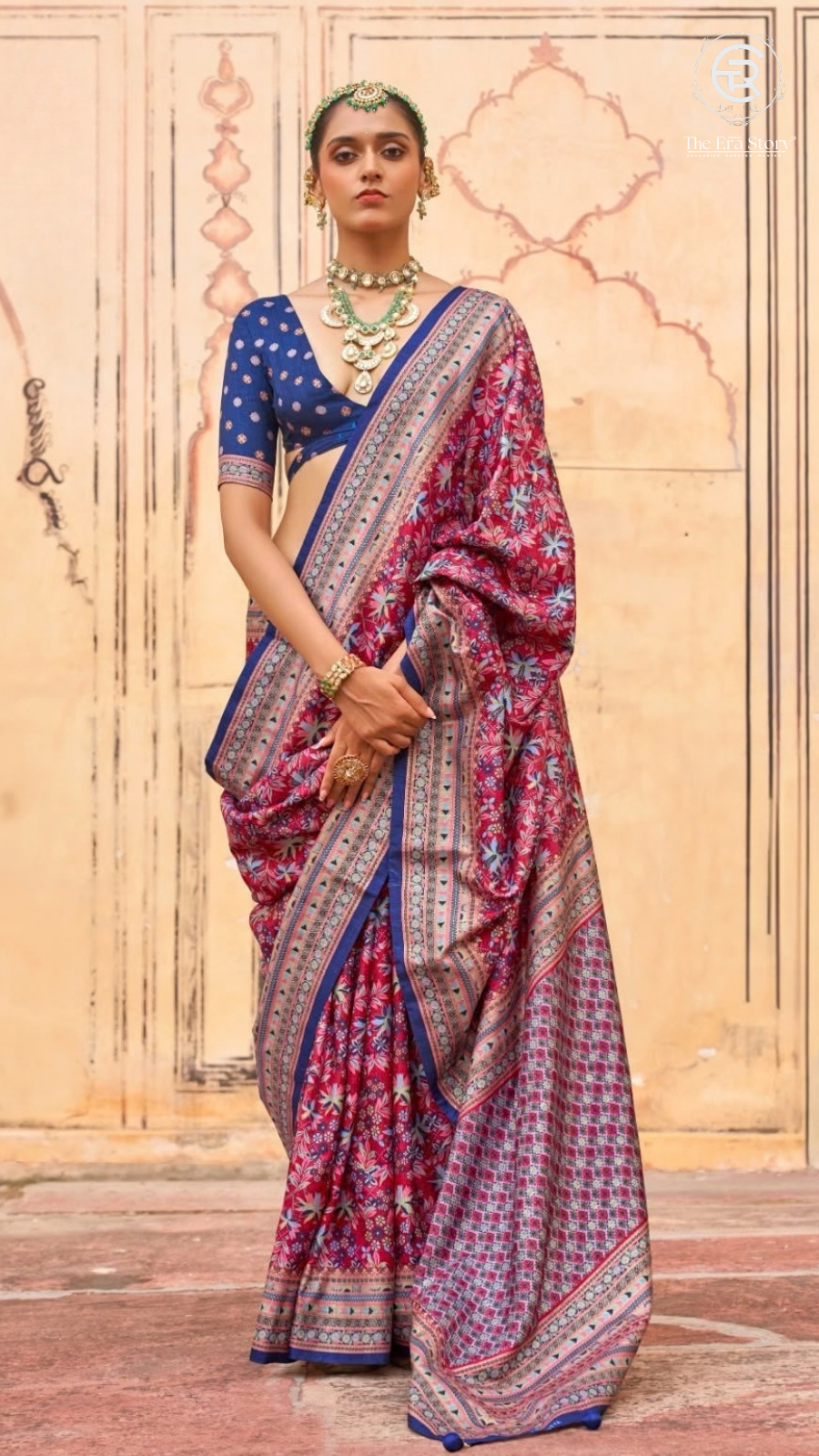 Red & Blue Floral Festive Crepe Banarasi Saree