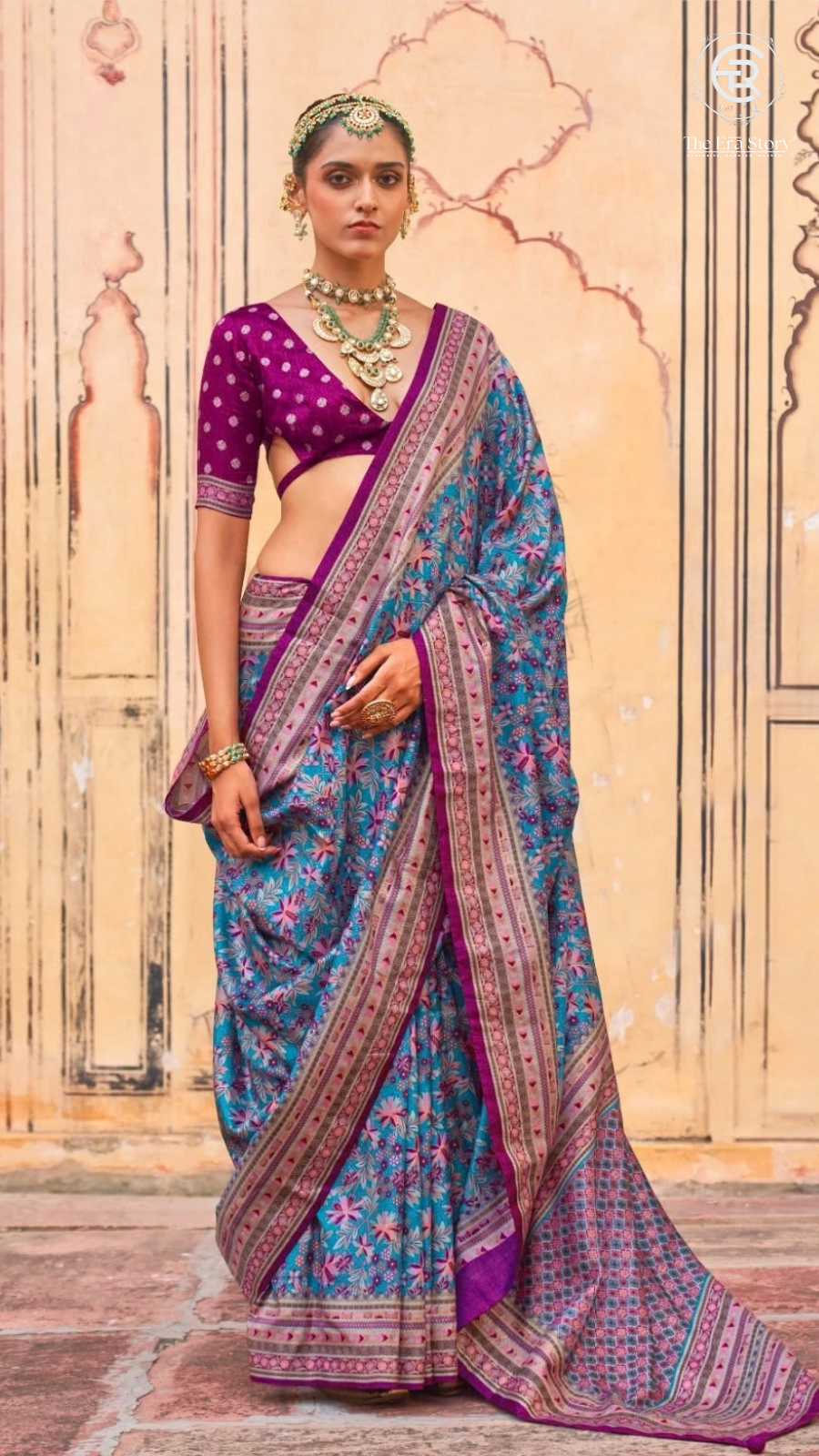 Blue & Purple Floral Festive Crepe Banarasi Saree