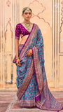 Blue & Purple Floral Festive Crepe Banarasi Saree