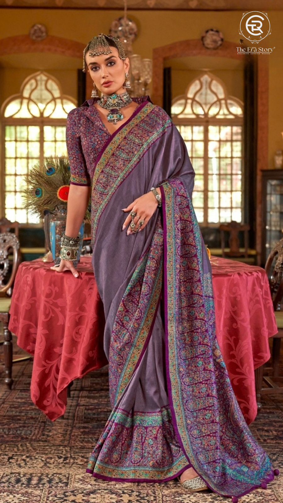 Grey & Purple Floral Festive Crepe Banarasi Saree