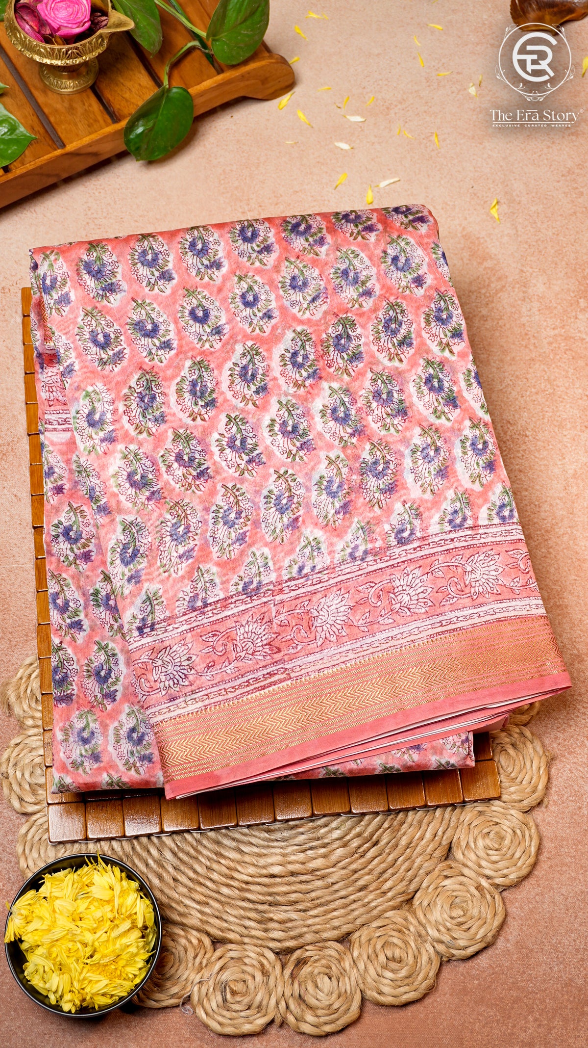 Peach and Purple Floral Handblocked Pure Maheshwari Cotton Sarees