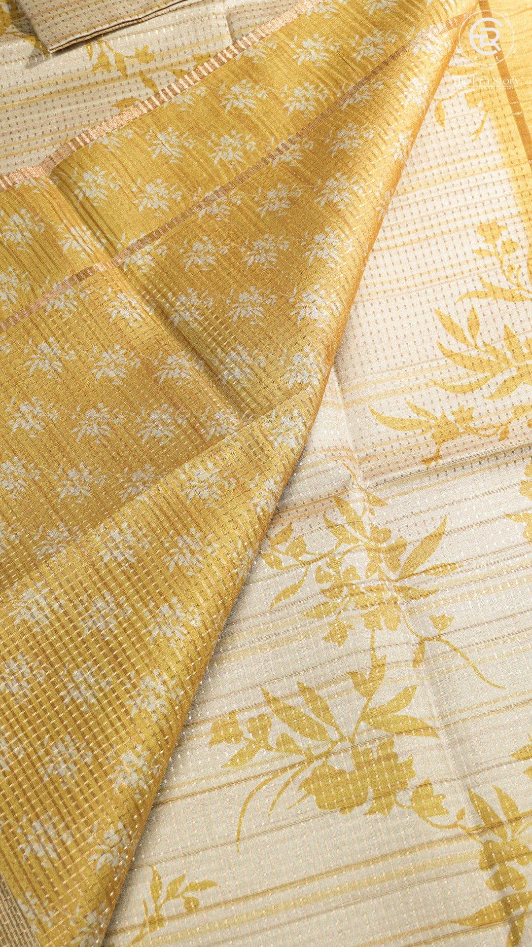 Beige & Yellow Floral Kantha Matka Tussar Silk Saree