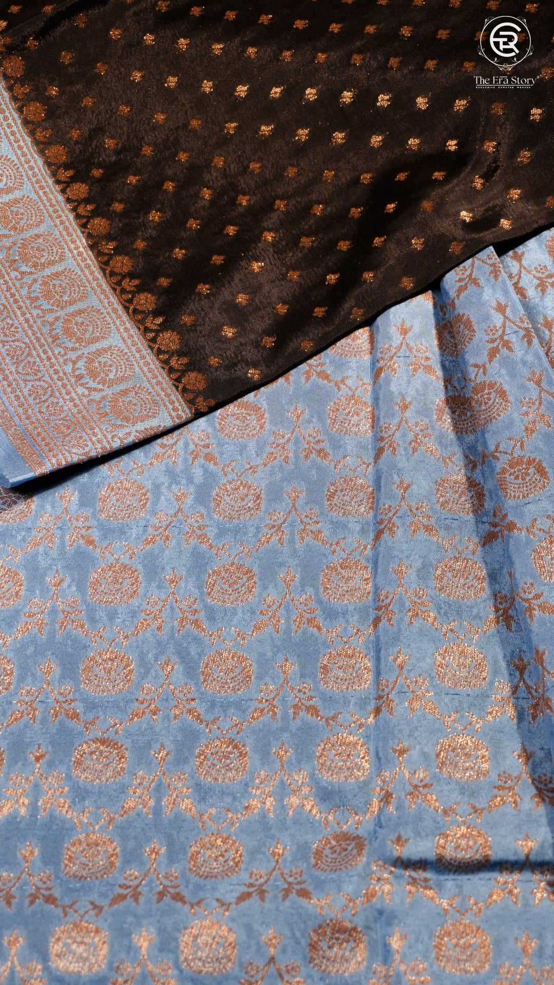 Black & Sky Blue Pure Crepe Chiffon Banarasi Silk Saree
