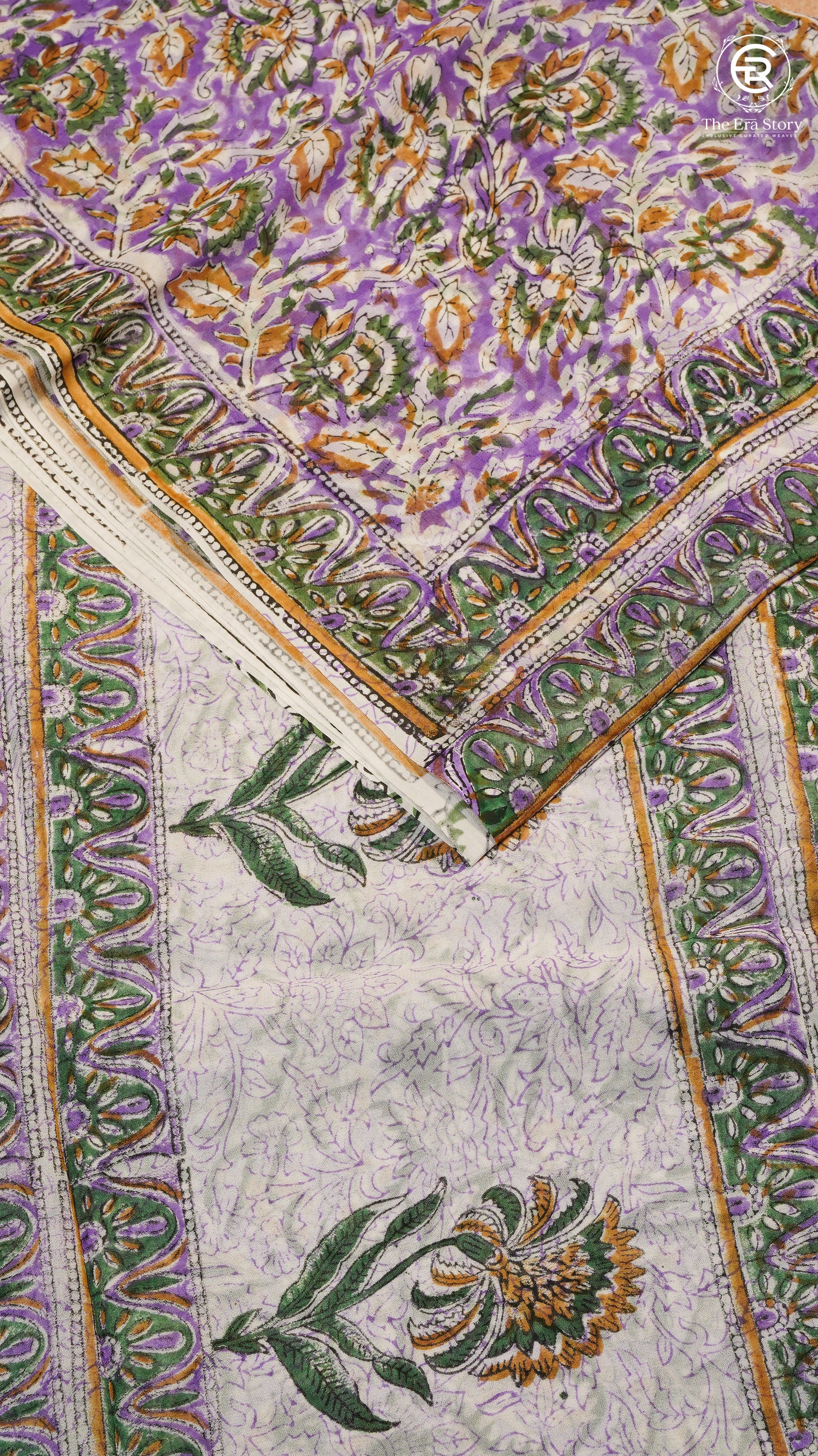 Purple & White Floral Handblocked Pure Georgette Saree