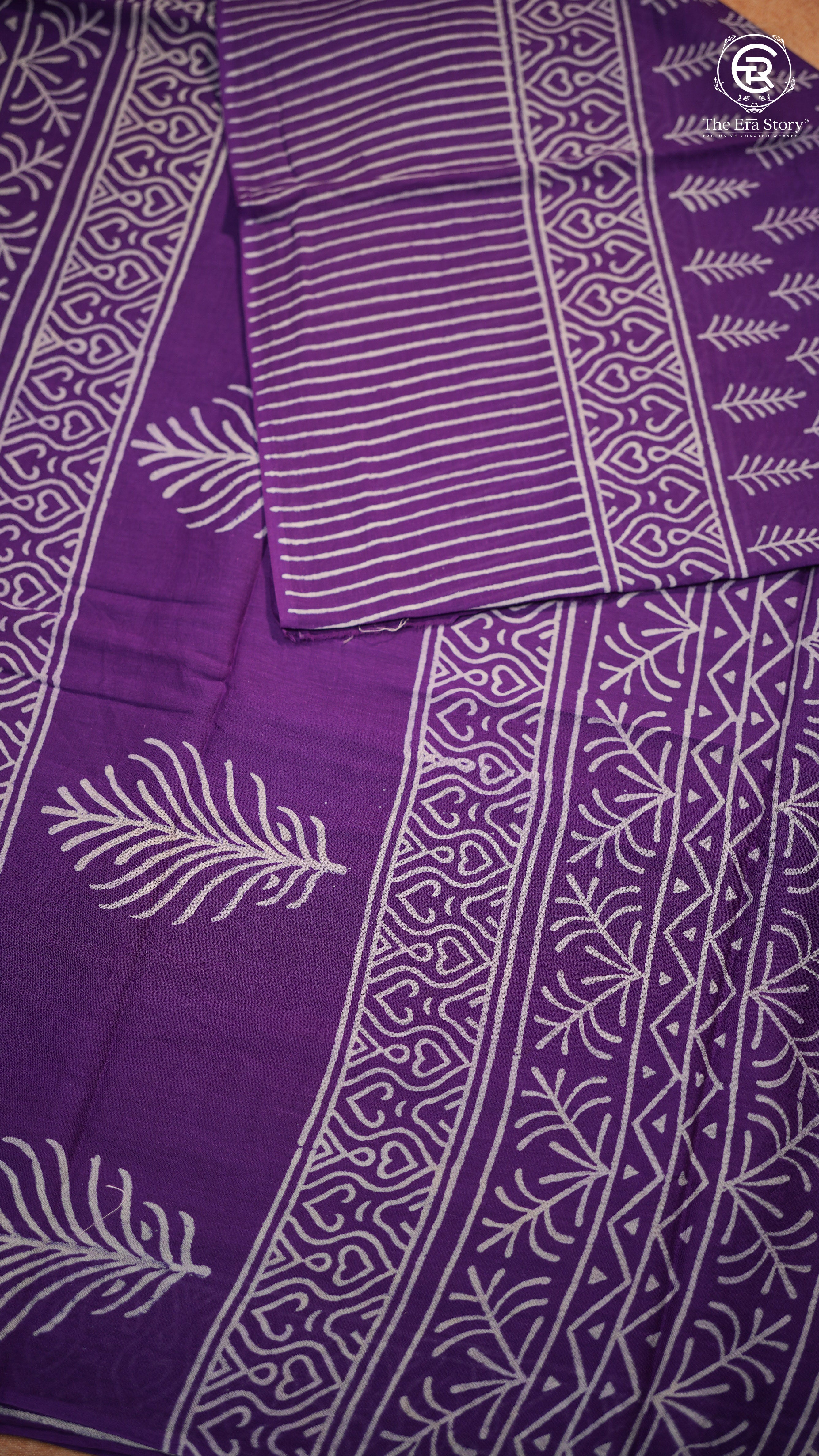 Purple & White Floral Handblocked Pure Mul Cotton Saree