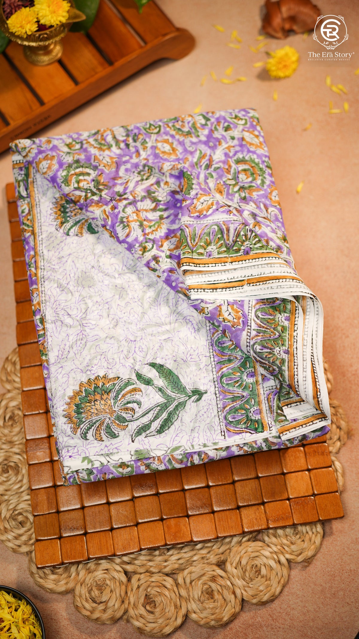 Purple & White Floral Handblocked Pure Georgette Saree