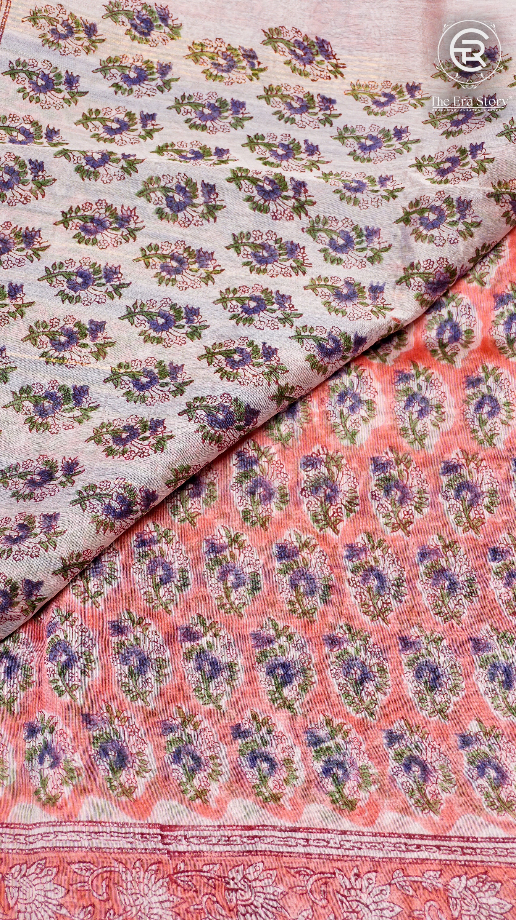 Peach and Purple Floral Handblocked Pure Maheshwari Cotton Sarees
