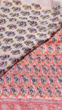 Peach and Purple Floral Handblocked Pure Maheshwari Cotton Sarees
