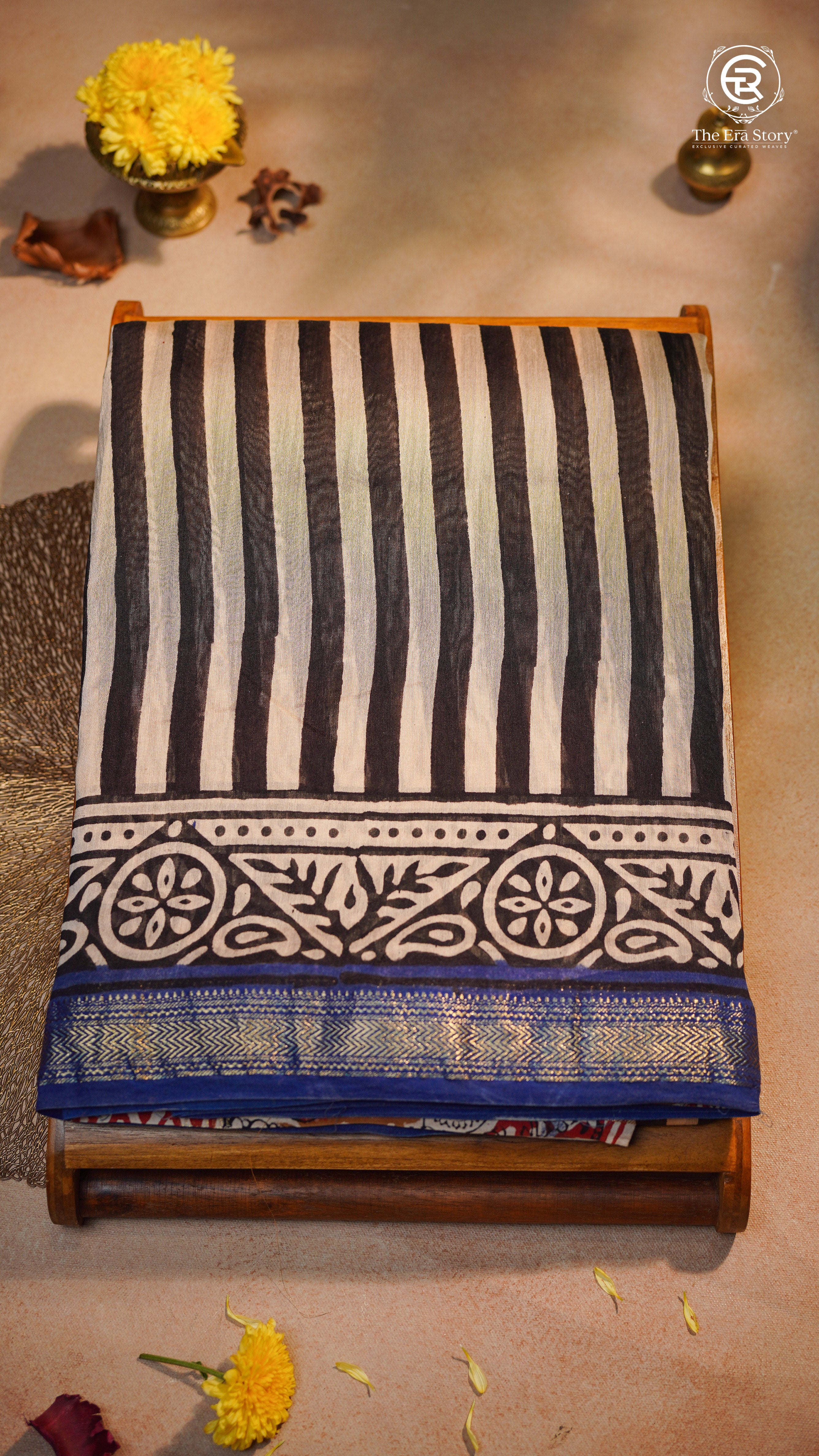 Beige Black & Blue Ajrakh Handblocked Pure Maheshwari Cotton Saree