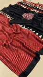 Orange and Black Striped Temple Ajrakh Gajji Silk Saree