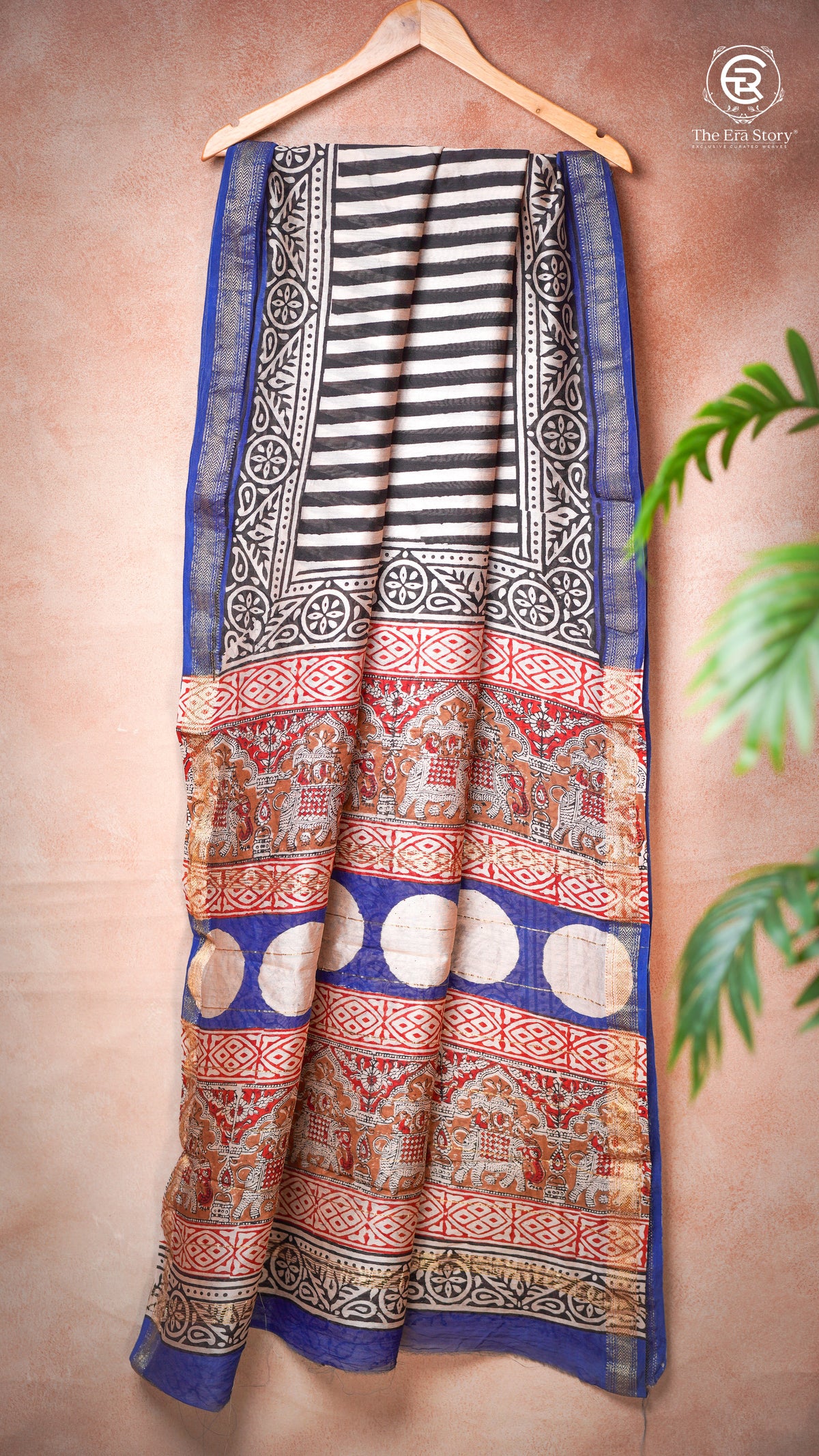 Beige Black & Blue Ajrakh Handblocked Pure Maheshwari Cotton Saree