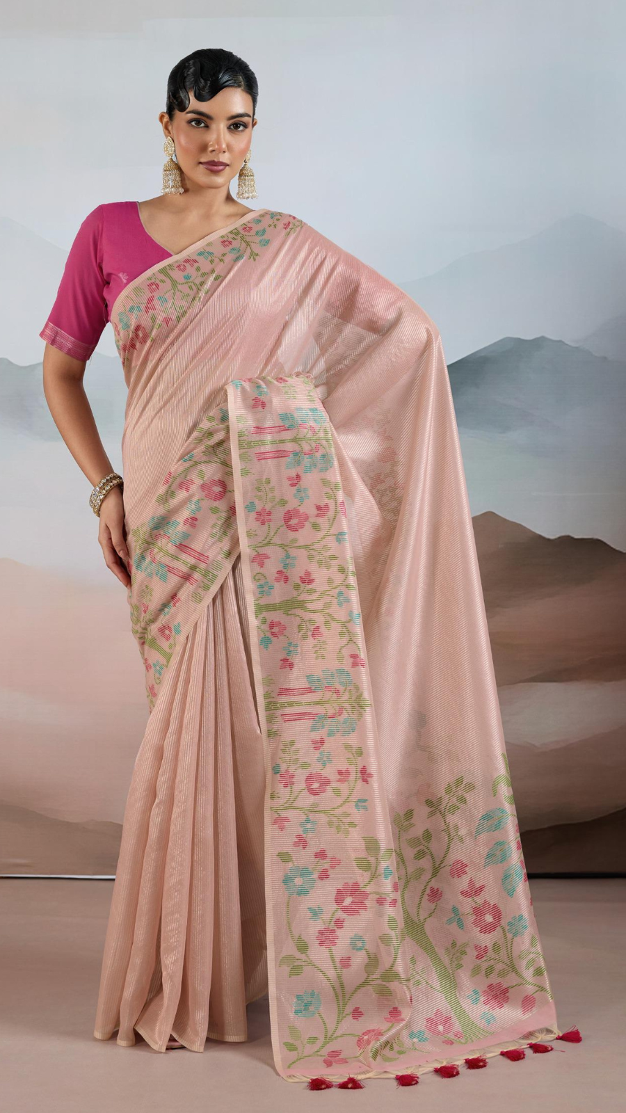 Pink Floral Patterned Pure Zari Tissue Silk Saree