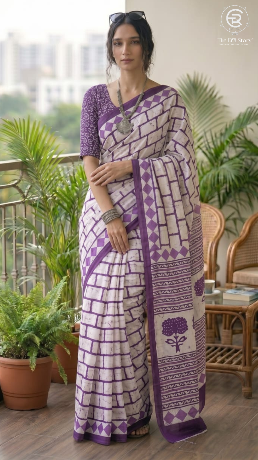 White & Purple Contemporary Handblocked Pure Mul Cotton Saree