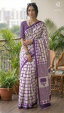 White & Purple Contemporary Handblocked Pure Mul Cotton Saree