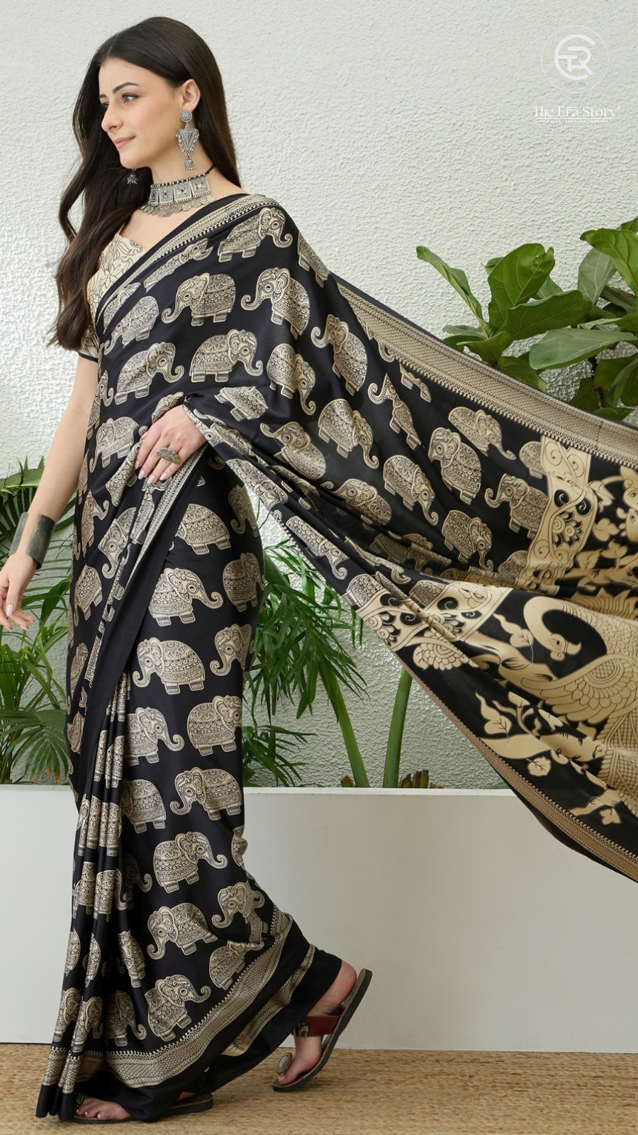 Black & Beige Elephant Satin Modal Silk Saree