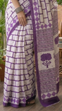 White & Purple Contemporary Handblocked Pure Mul Cotton Saree