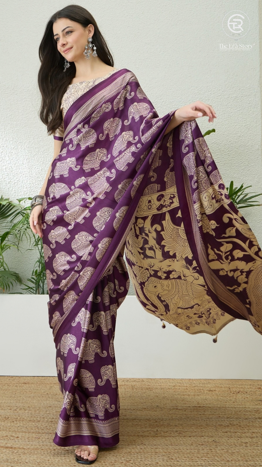 Purple & Beige Elephant Satin Modal Silk Saree