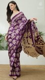 Purple & Beige Elephant Satin Modal Silk Saree