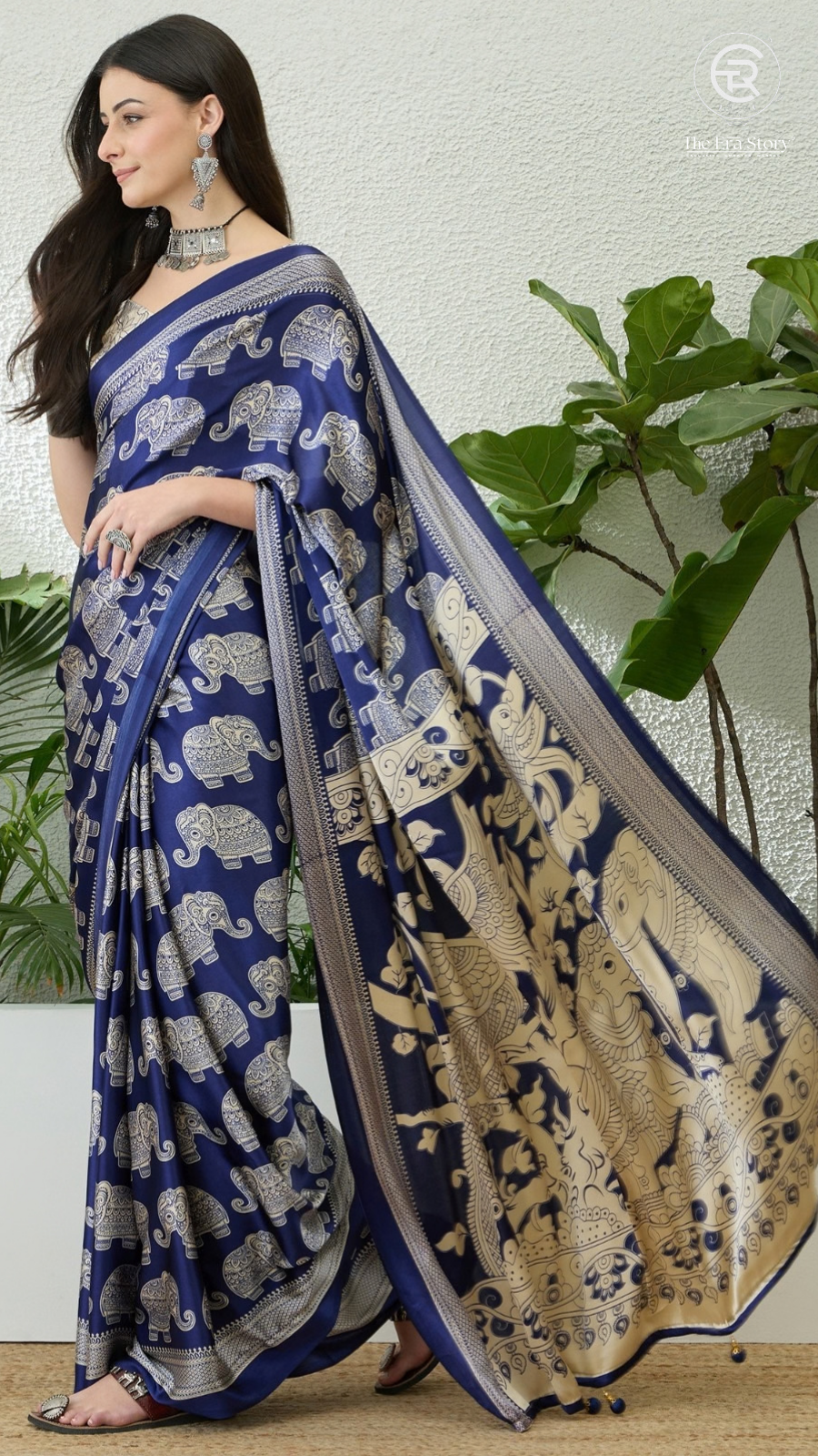 Blue & Beige Elephant Satin Modal Silk Saree