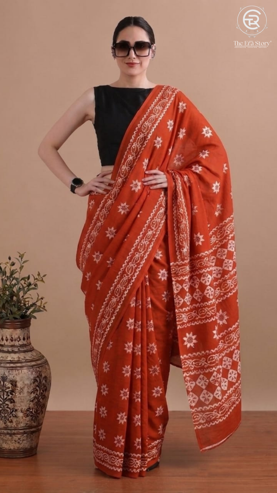 Orange Floral Contemporary Handblocked Pure Mul Cotton Saree