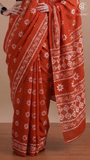 Orange Floral Contemporary Handblocked Pure Mul Cotton Saree