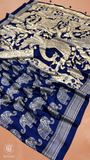 Blue & Beige Elephant Satin Modal Silk Saree