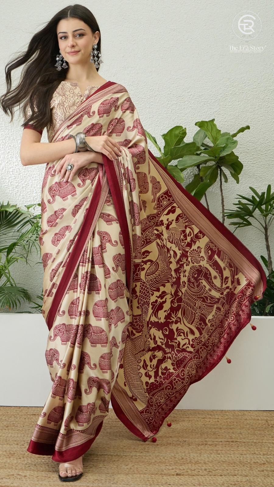 Beige & Red Elephant Satin Modal Silk Saree