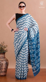 White & Blue ZigZag Contemporary Handblocked Pure Mul Cotton Saree