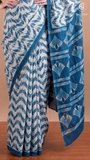 White & Blue ZigZag Contemporary Handblocked Pure Mul Cotton Saree