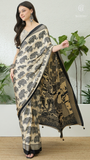 Beige & Black Elephant Satin Modal Silk Saree