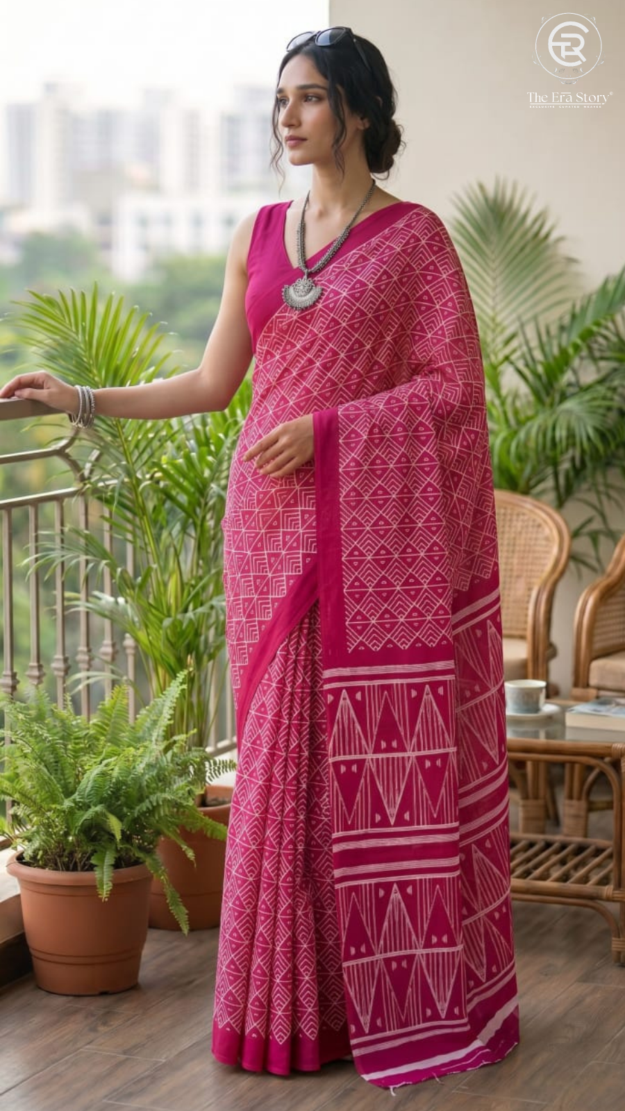 Pink Geometric Handblocked Pure Mul Cotton Saree