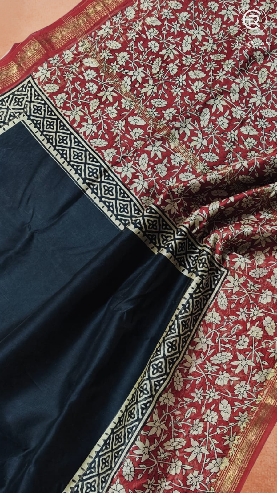Black & Red Floral Handblocked Pure Maheshwari Cotton Sarees