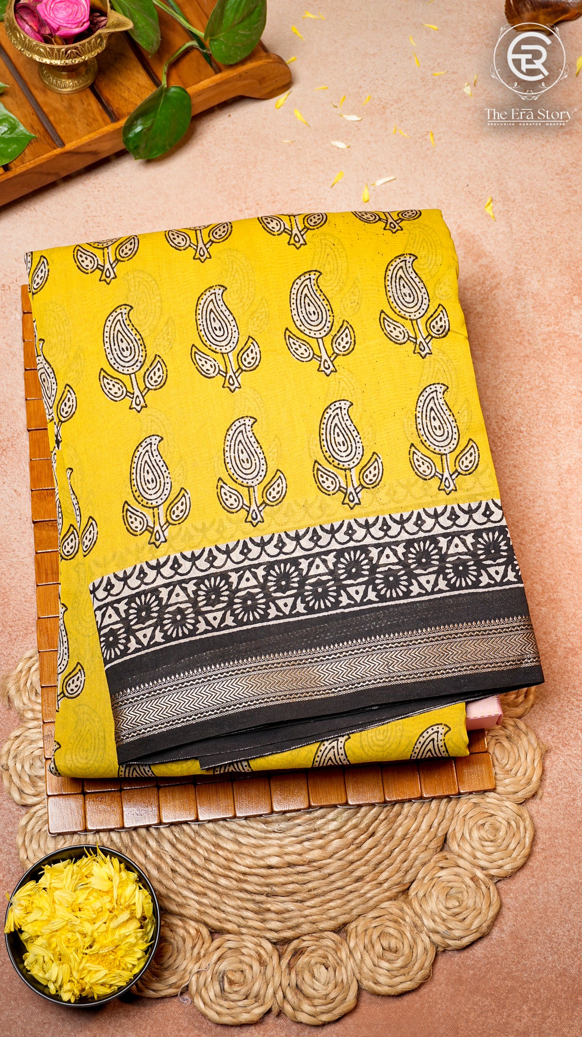 Yellow and Black Floral Handblocked Pure Maheshwari Cotton Sarees