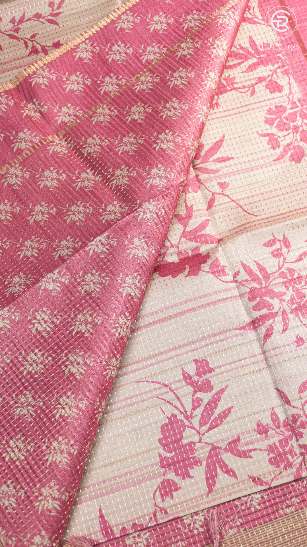 Beige & Pink Floral Kantha Matka Tussar Silk Saree