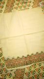 Pale Yellow & Green Floral Handblocked Pure Mul Cotton Saree