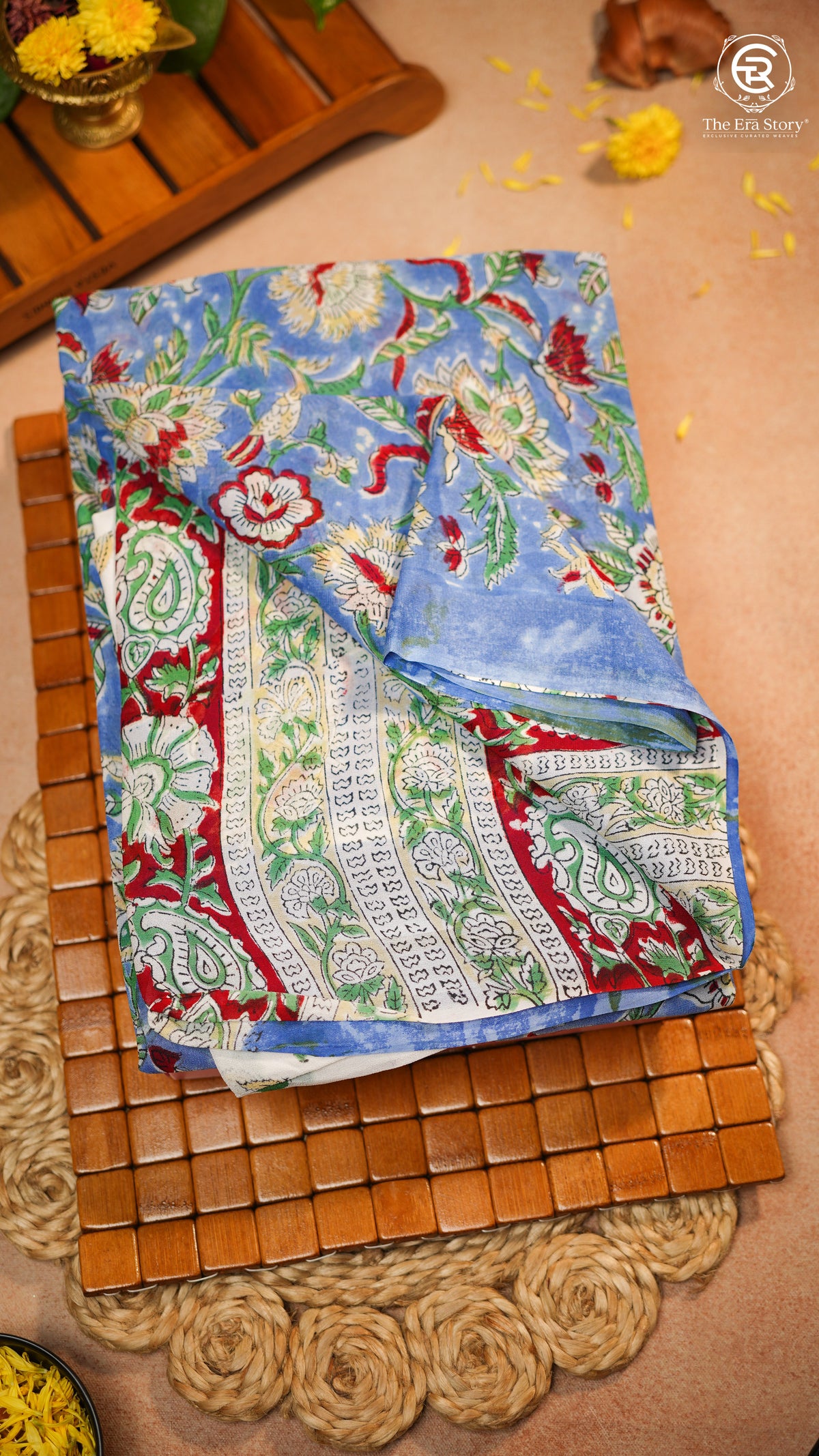 Blue & Yellow Red Vine Floral Handblocked Pure Georgette Saree