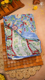 Blue & Yellow Red Vine Floral Handblocked Pure Georgette Saree