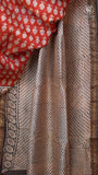 Red & Black Floral Handblocked Pure Maheshwari Cotton Saree