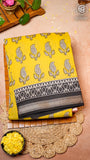 Yellow and Black Floral Handblocked Pure Maheshwari Cotton Sarees