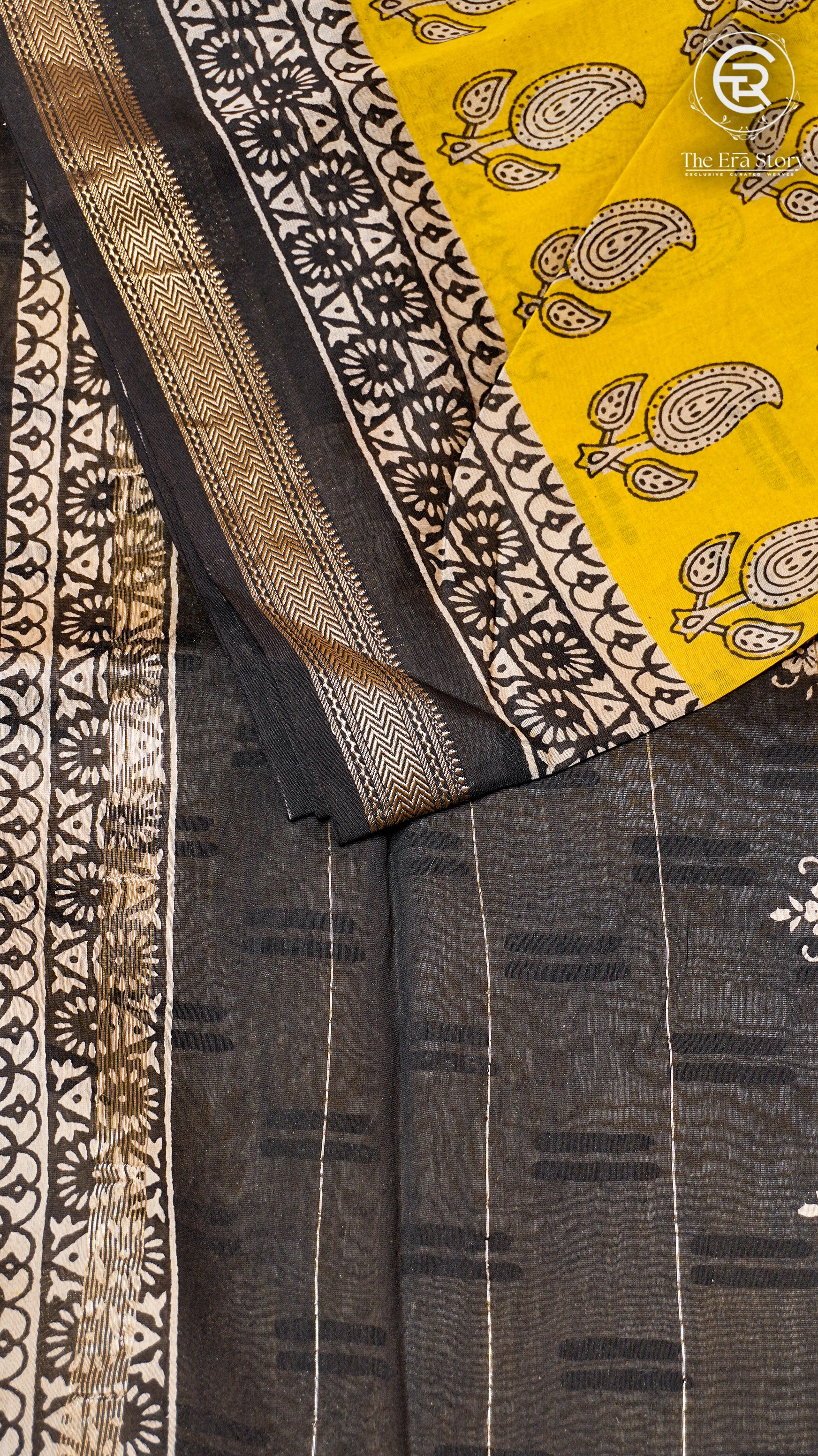 Yellow and Black Floral Handblocked Pure Maheshwari Cotton Sarees
