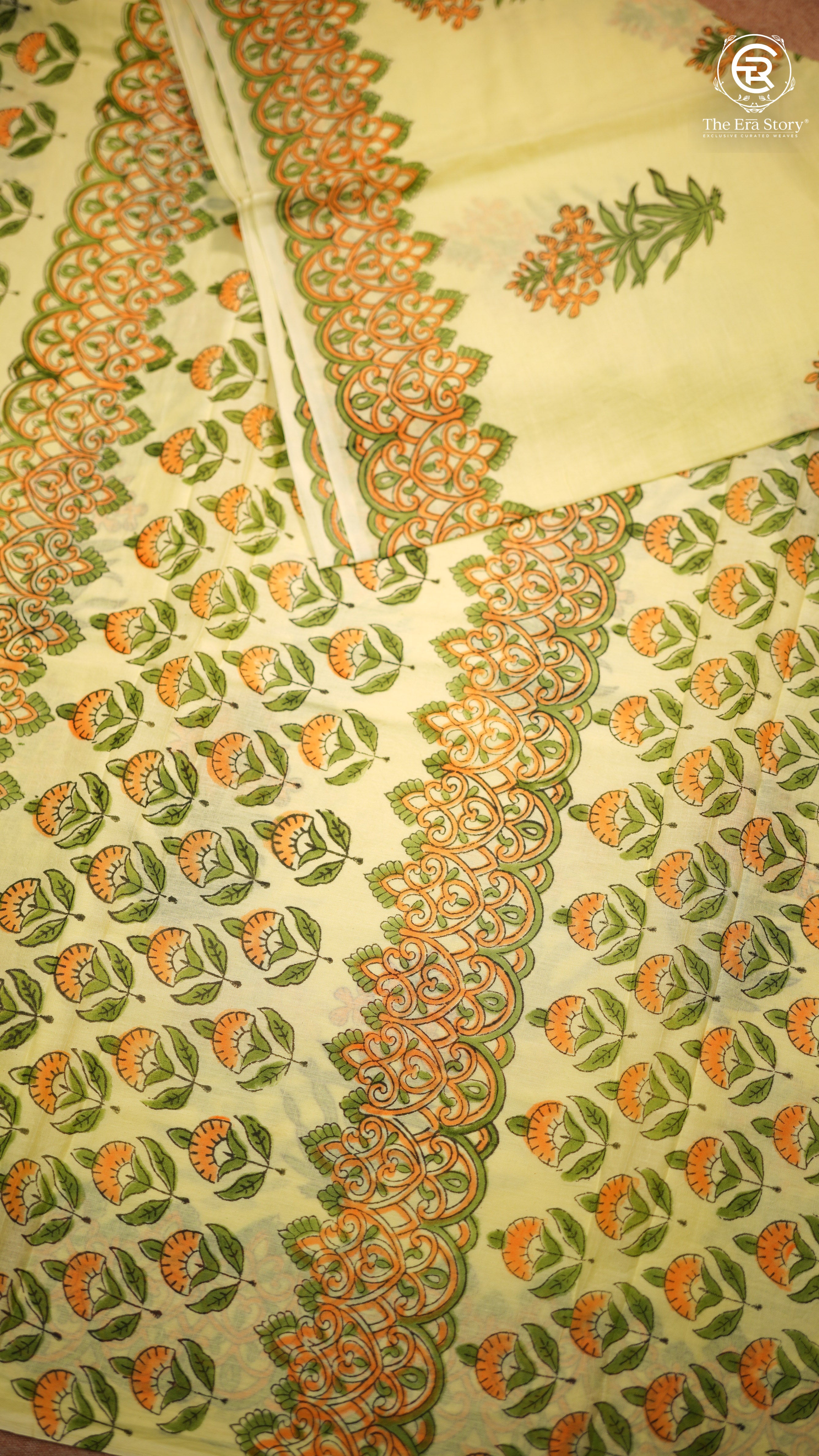 Pale Yellow & Green Floral Handblocked Pure Mul Cotton Saree