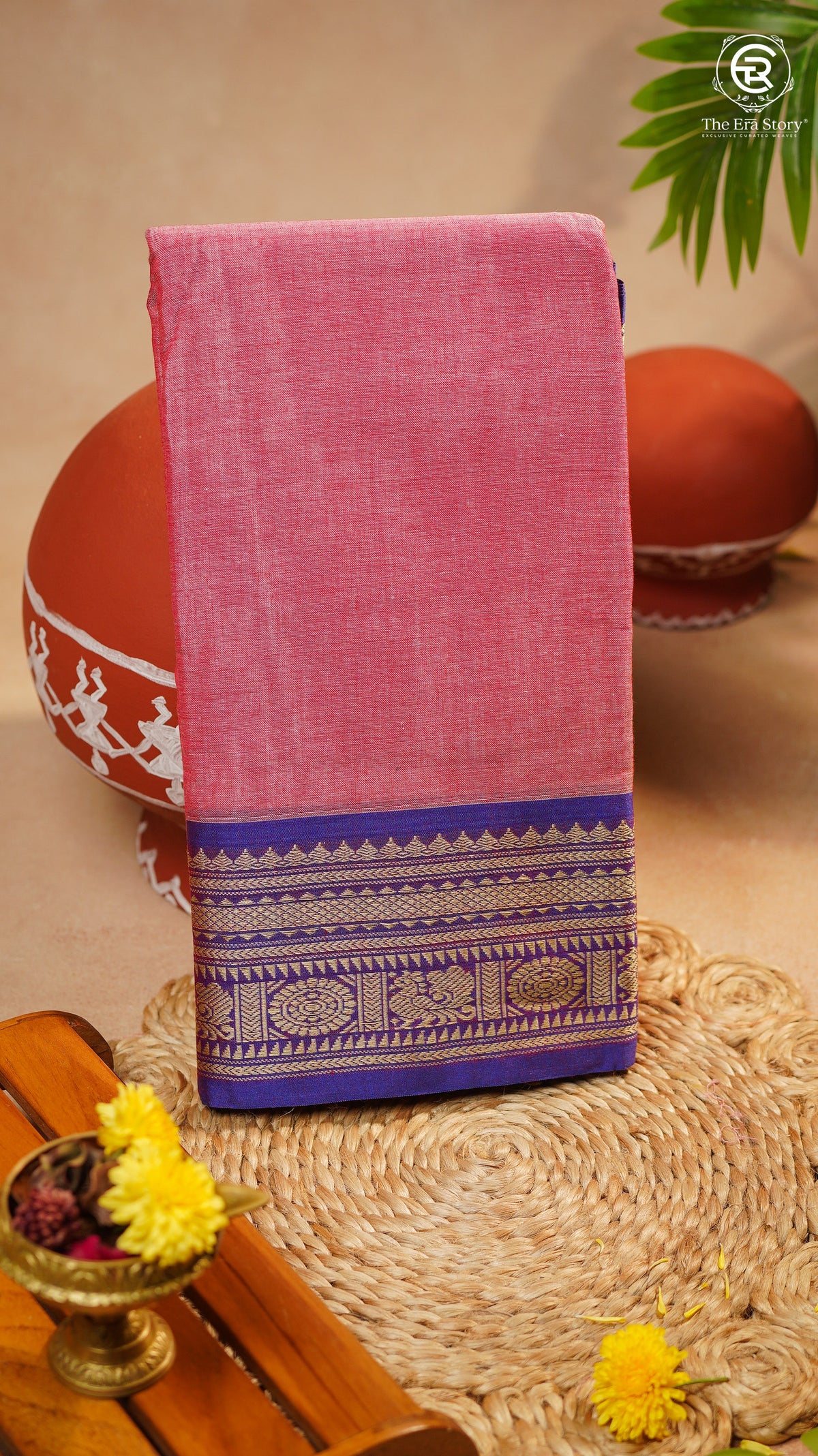 Peach & Blue Peacock Floral Border Handloom Narayanpet Cotton Saree