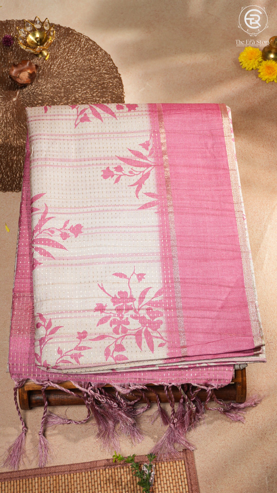 Beige & Pink Floral Kantha Matka Tussar Silk Saree