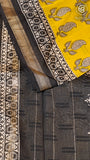 Yellow and Black Floral Handblocked Pure Maheshwari Cotton Sarees