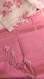 Beige & Pink Floral Kantha Matka Tussar Silk Saree