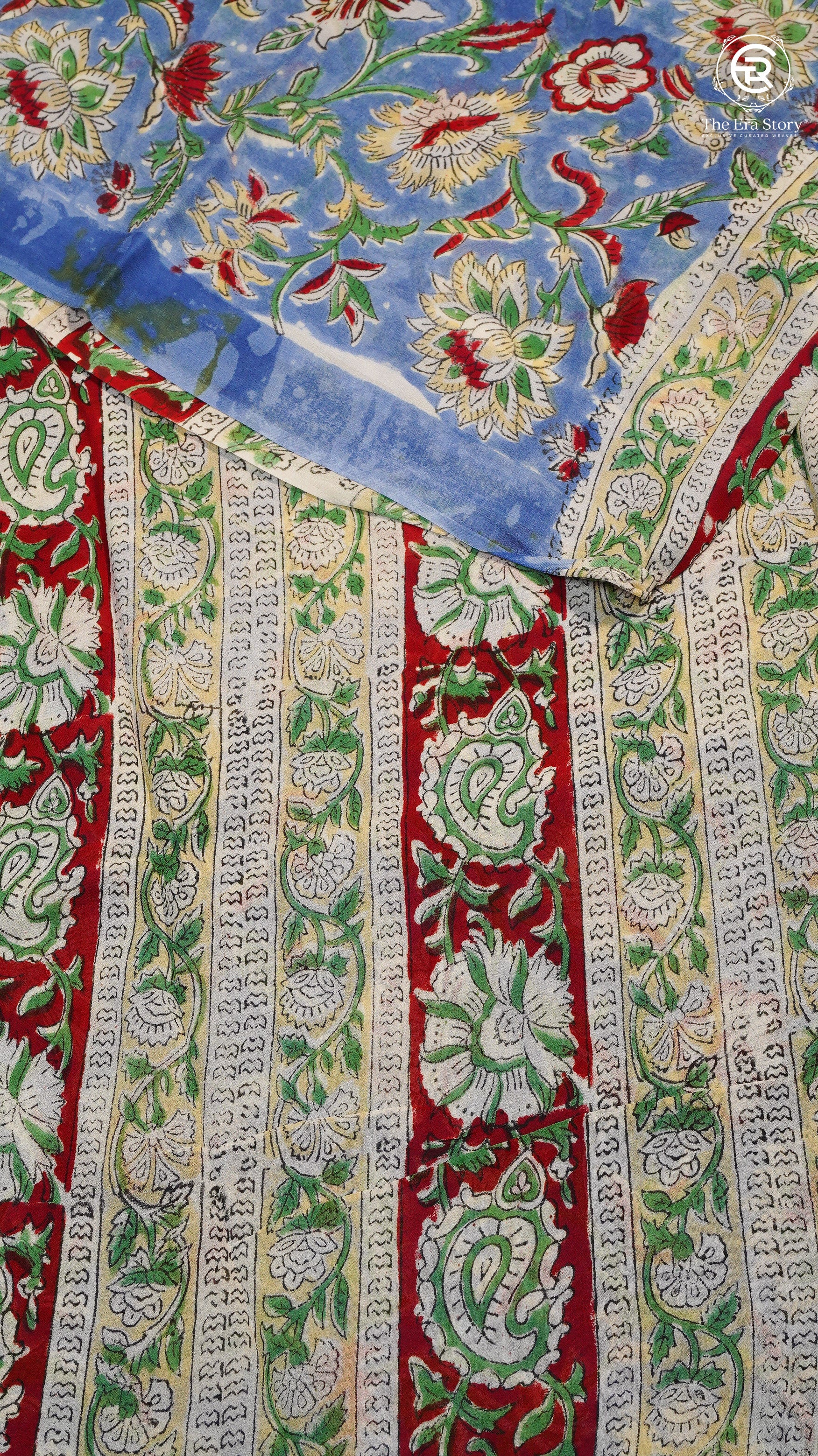 Blue & Yellow Red Vine Floral Handblocked Pure Georgette Saree