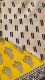 Yellow and Black Floral Handblocked Pure Maheshwari Cotton Sarees